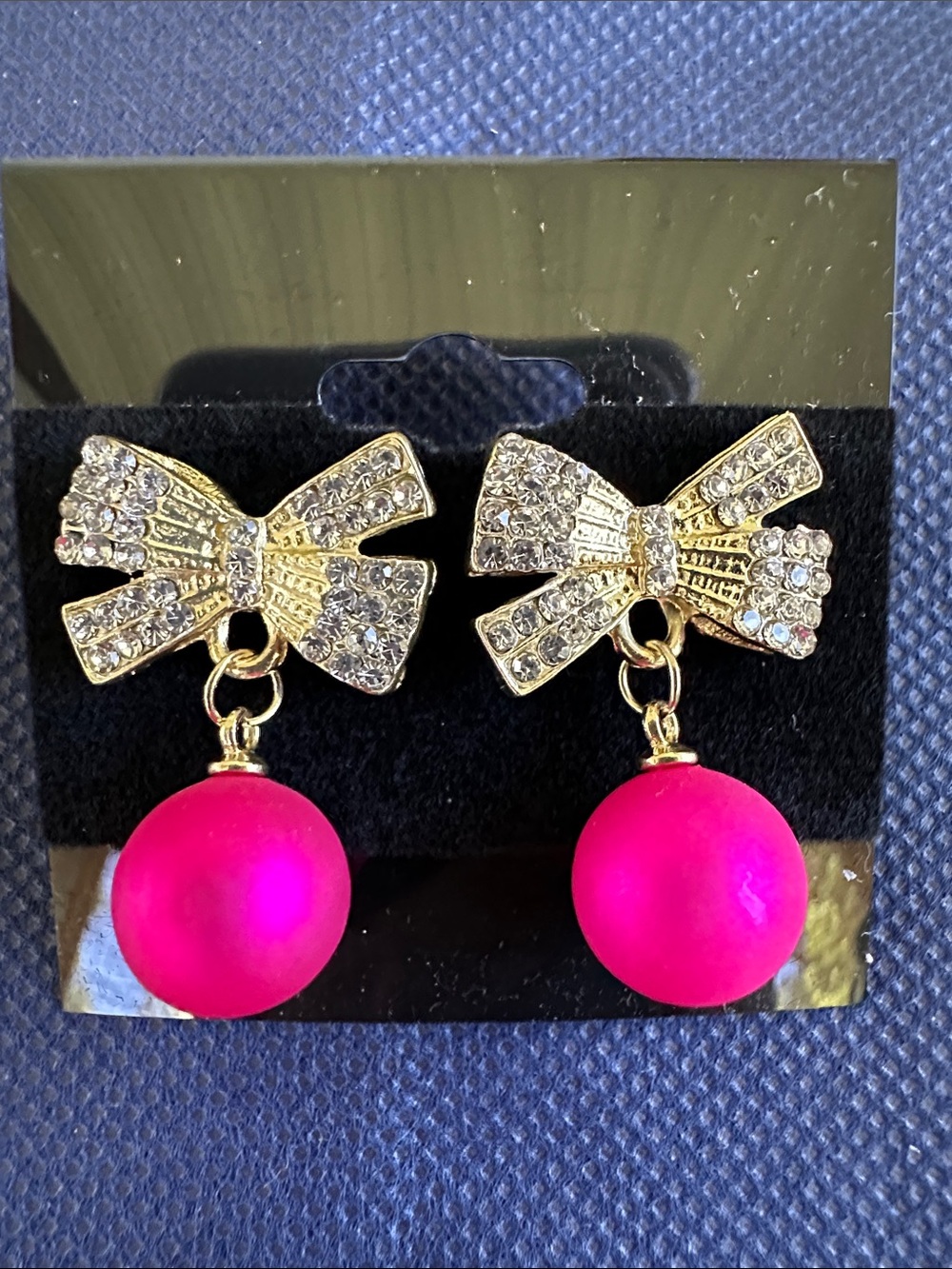 Gold Crystal Bow Earrings with Hot Pink Dangle Beads - Women's Jewelry